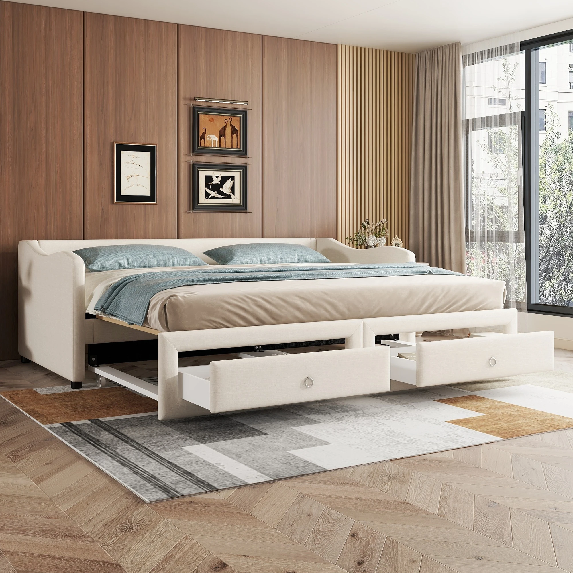 Daybed 90x200cm, day bed with pull-out bed, drawers, single bed without mattress, linen, minimalist, beige