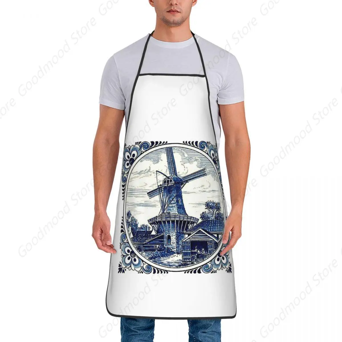 Dutch Blue Delft Vintage Windmill Print Aprons Chef Cooking  Tablier Waterproof Bib Kitchen Cleaning Pinafore for Women Men