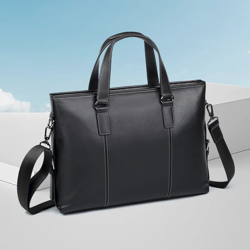 Genuine Cowhide Leather Briefcase Large Capacity Laptop Bag Silver Hardware For Men Business Work Ample Storage Space SAC