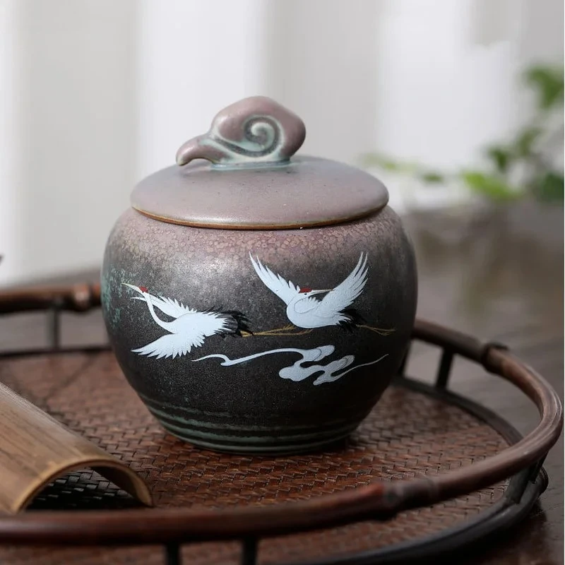 Crane Tea Caddy Ceramic Storage Jar Tea Box Sealed Jar Candy Jars Grain Tank Container Organizer