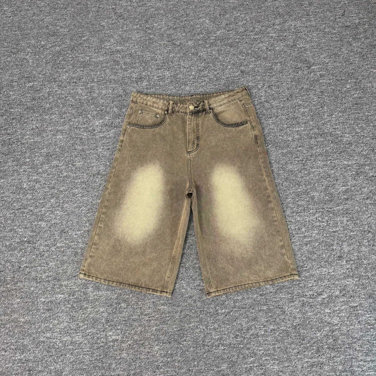 Masked Goddess Embroidered Flowered Jens Shorts for Men and Women High Street Washed Baggy Casual Five Point Denim Pants