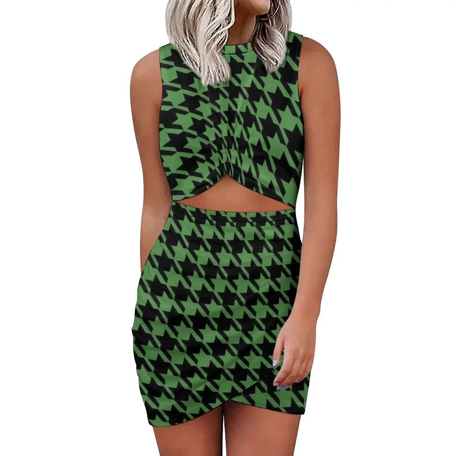 

Houndstooth Dress Womens Black And Green Aesthetic Bodycon Dress Summer Hollow Out Retro Dresses Custom Oversize Clothing