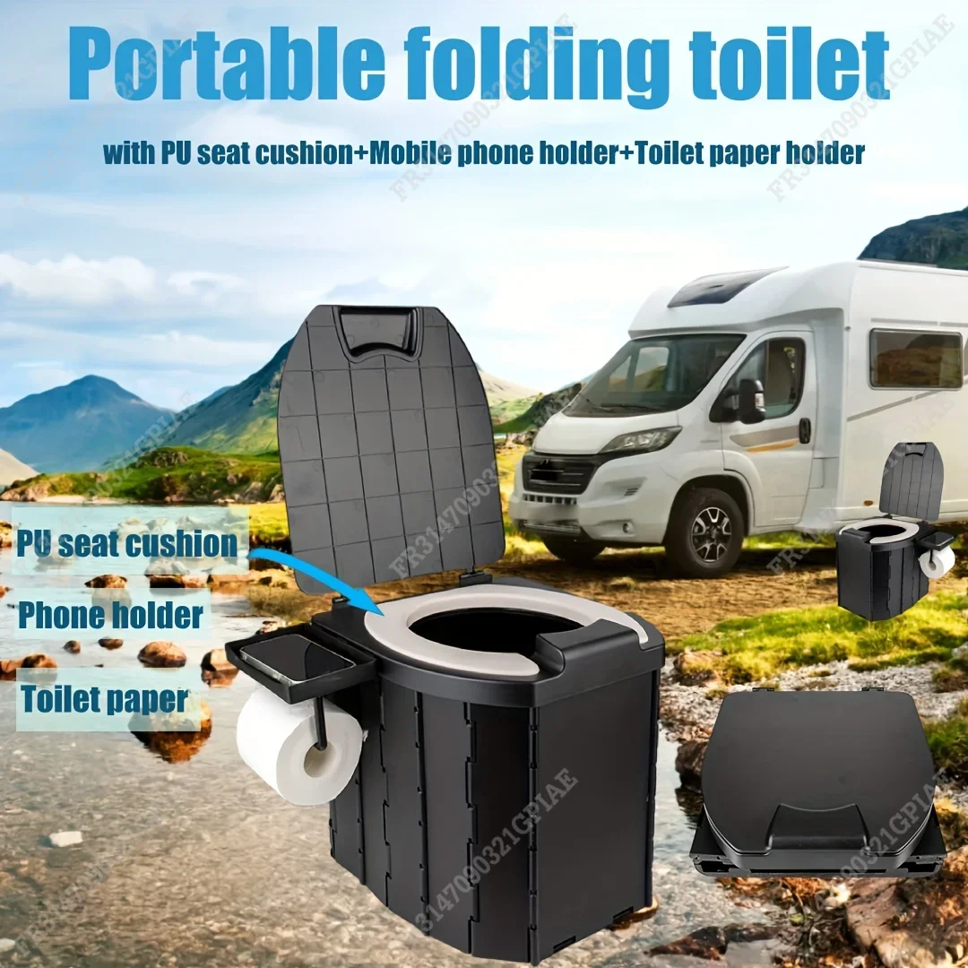 Portable Folding Toilet With PU Seat Cushion, Portable Toilet With Lid For RV, Car, Camping, Hiking, Travelling