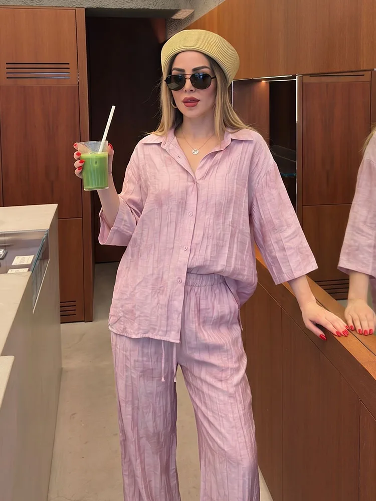 

HH Women Summer Spring Fashion Confortable Holiday Jacquard Loose Ladies Shirt Summer Women Fit Pants Casual Chic Print Set