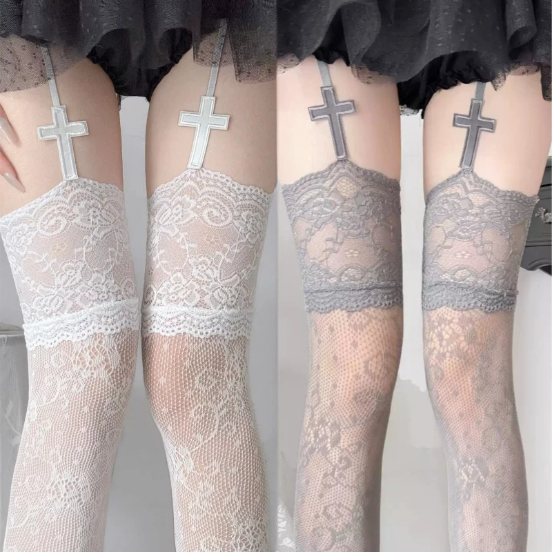 New White/Grey Thigh High Stocking Lace Patterned Garter Stockings Women Sexy Party Fishnet Cross Design Summer Thin Long Socks