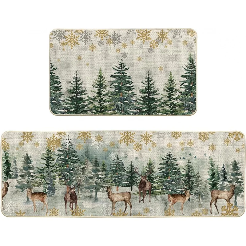 

Christmas Tree Deer Snow Kitchen Floor Mat 2-piece Set Winter Home Decoration Door Mat 20inX31in 18inX47in