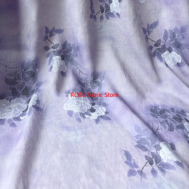 1 meter Purple Flower Brocade Cotton Fabric Digital Printing for Dresses Skirt DIY Handmade Designer Sewing Cloth