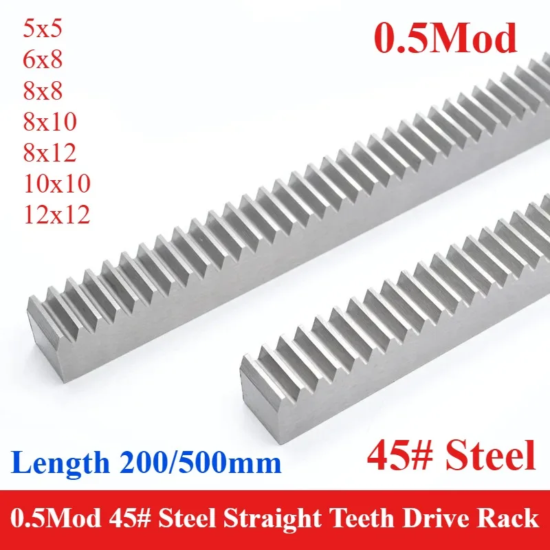 1pc 0.5Mod 45# steel Rack 0.5 Module Straight Teeth Drive Rack Length 200/500mm 5x5 6x8 8x8 8x10 8x12 10x10 12x12 Spur Rack