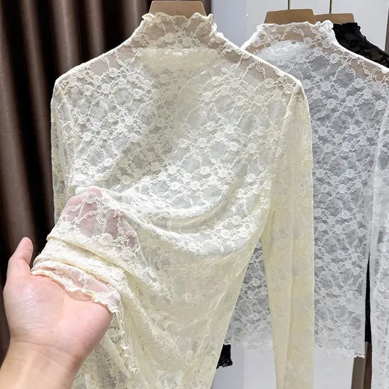 plus Size Lace Mesh Base Shirt Women's Fashion Thin Half High Collar Hollow Patterned Inner Wear T-Shirt Top Korean Style Sli...