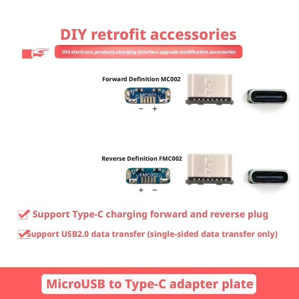 Placa adaptadora microUSB para TypeC, peças de reparo e modificação diy, suporta carregamento e transferência de dados USB 2.0 com 10 peças