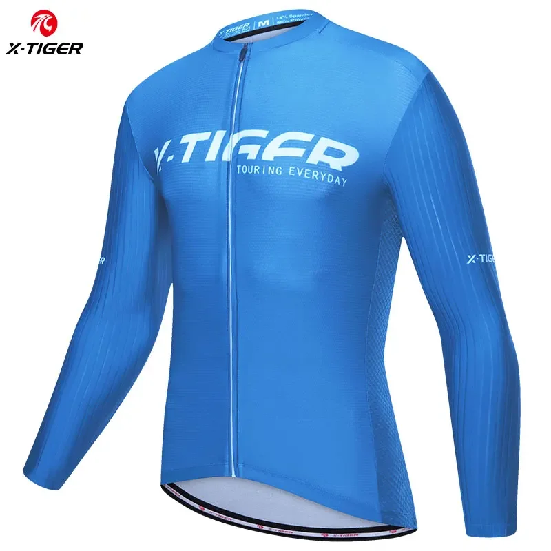 X-TIGER Blue Cycling Jerseys Men Upgraded Long Sleeve Shirts Adult Autumn Breathable Road Training Clothes with 4 Rear Pockets