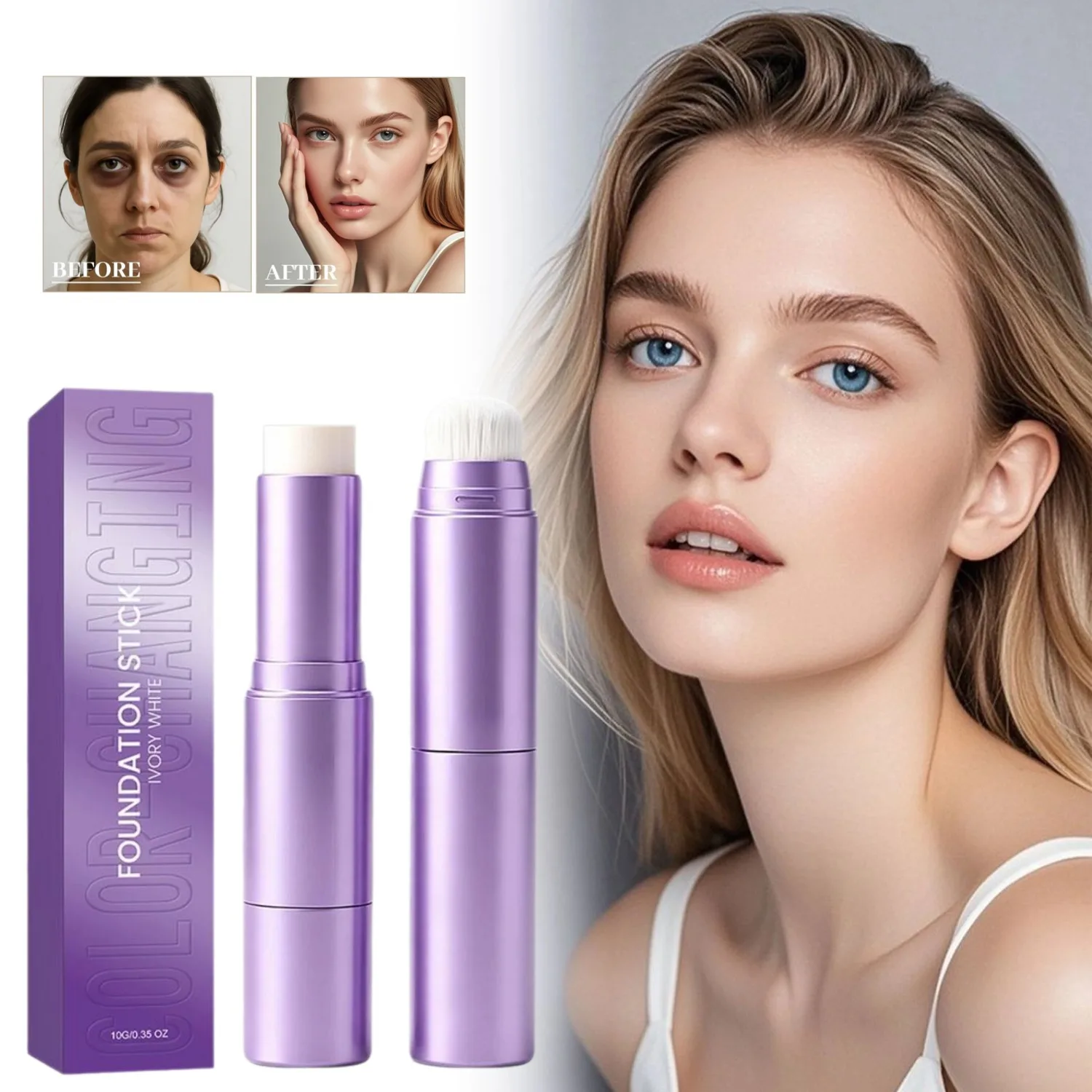 Color Changing Foundation Makeup Stick,With Makeup Brush,2 In1 Double Headed Flawless Concealer Stick,Natural Skin Tone Matching
