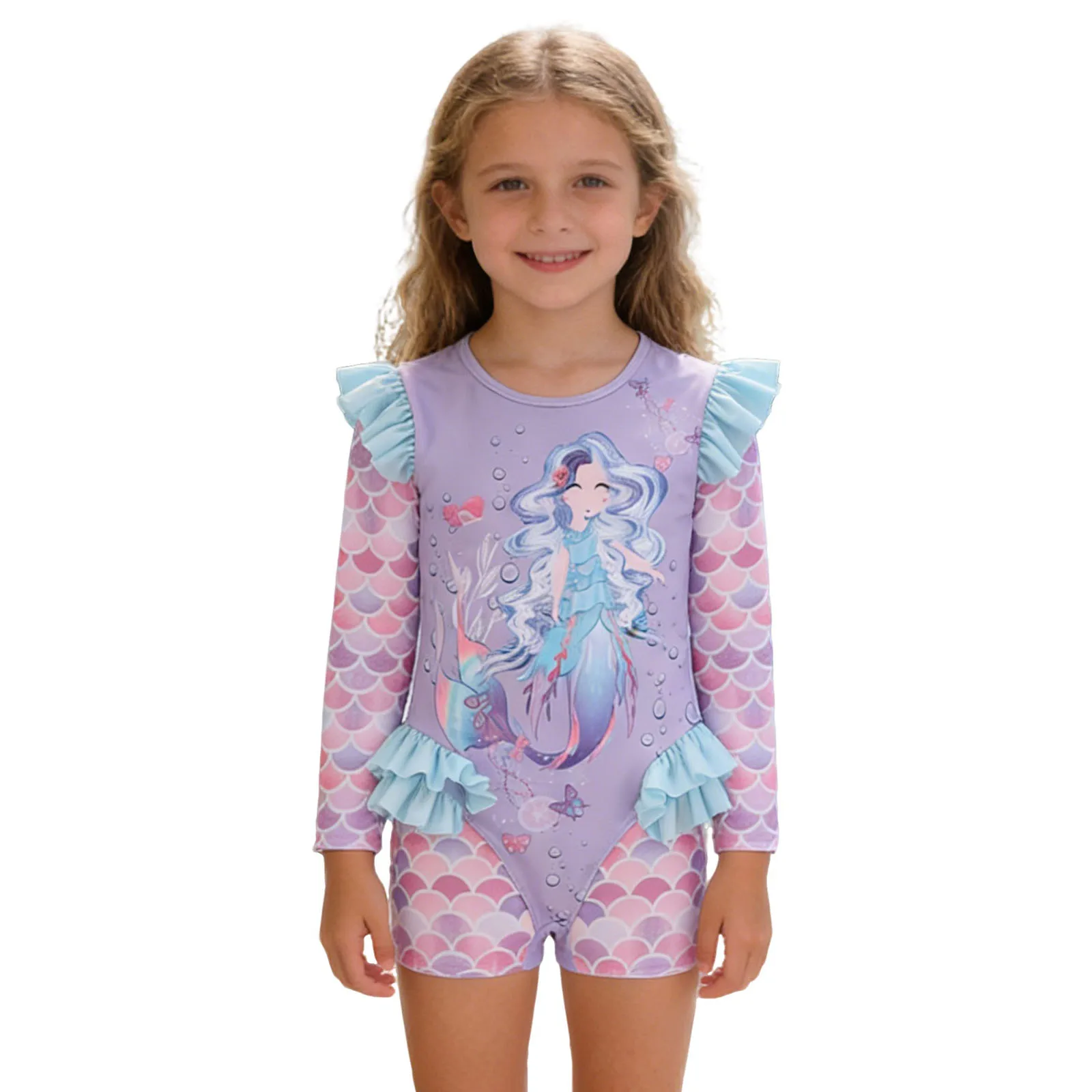 

Kids Girls One Piece Mermaid Swimsuit Cute Cartoon Print Round Neck Long Sleeve Ruffled Design Leotard Jumpsuit Swimming Outfit