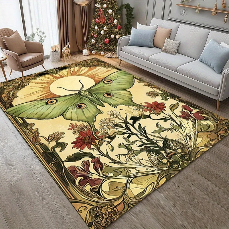 Magic Stars and Moon Christmas Carpet Crystal Velvet, Festive Moth & Floral Design,  Polyester, Soft & Durable
