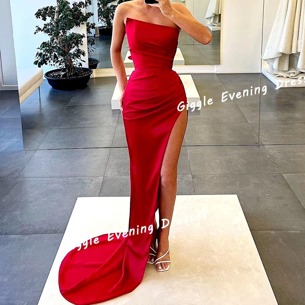 

Giggle Satin Strapless Close-Fitting Elegance Prom Gown Saudi Arab Simple Floor-Length Slit Evening Party Dresses for Women 2024