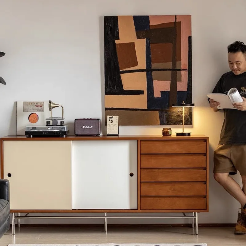 

Nordic medieval dining side retro simple storage solid wood side cabinet integrated wall locker wine cabinet coffee small