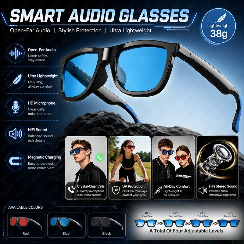 

New Smart Audio Glasses Play Music HD Sound Quality Wireless Calls Dual Microphones Noise Reduction Magnetic Charging Glasses