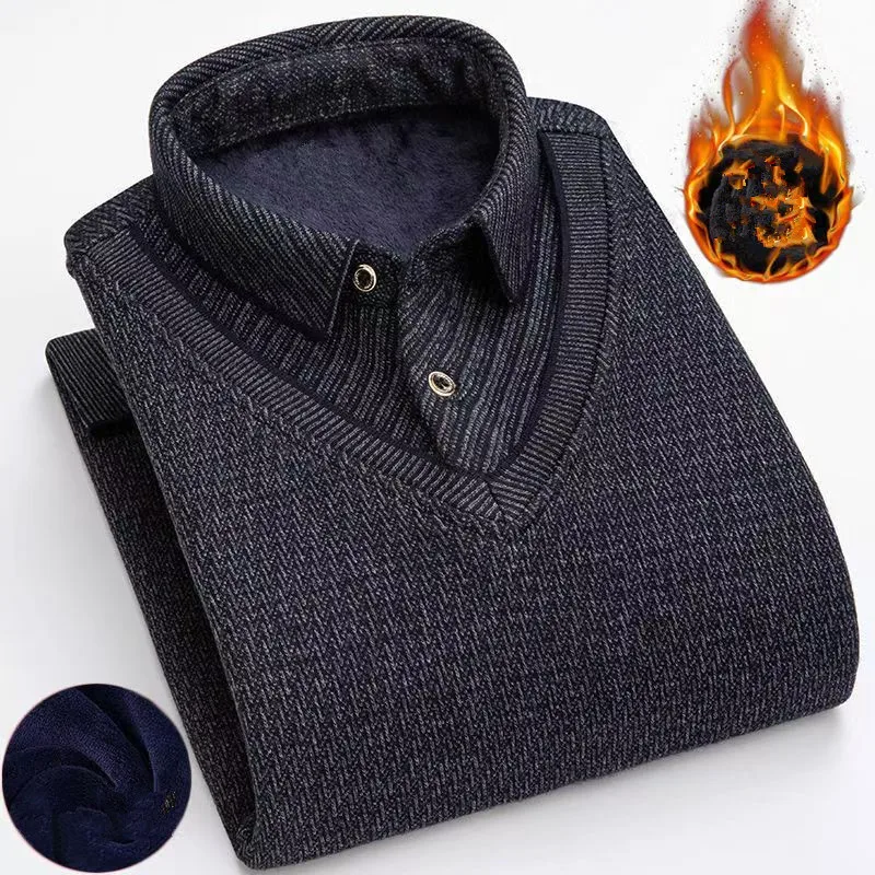 

2025 Winter fleece and thickened men's sweater, long-sleeved shirt with collar, middle-aged knitted base shirt, 6 colors