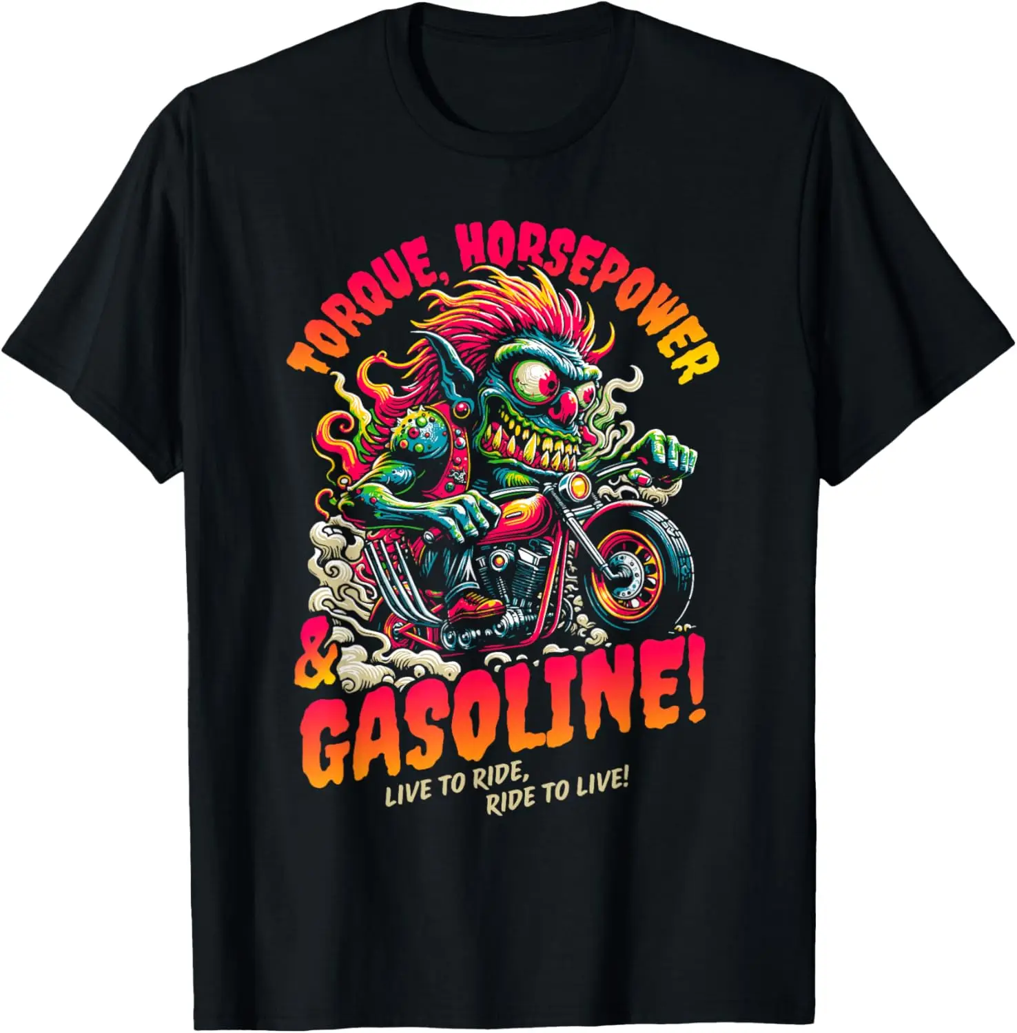 

Torque Horsepower and Gasoline Funny Wild Motorcycle Cartoon T-Shirt Motorcycle