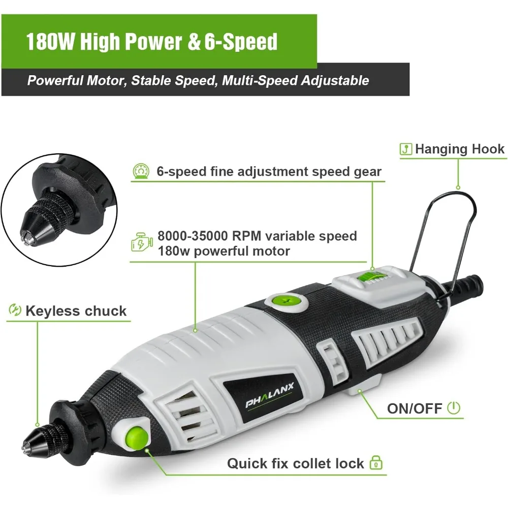 مجموعة أدوات دوارة 180 وات مع عمود مرن متغير 6 سرعات، مجموعة ملحقات 213 قطعة للاستخدام متعدد الأغراض