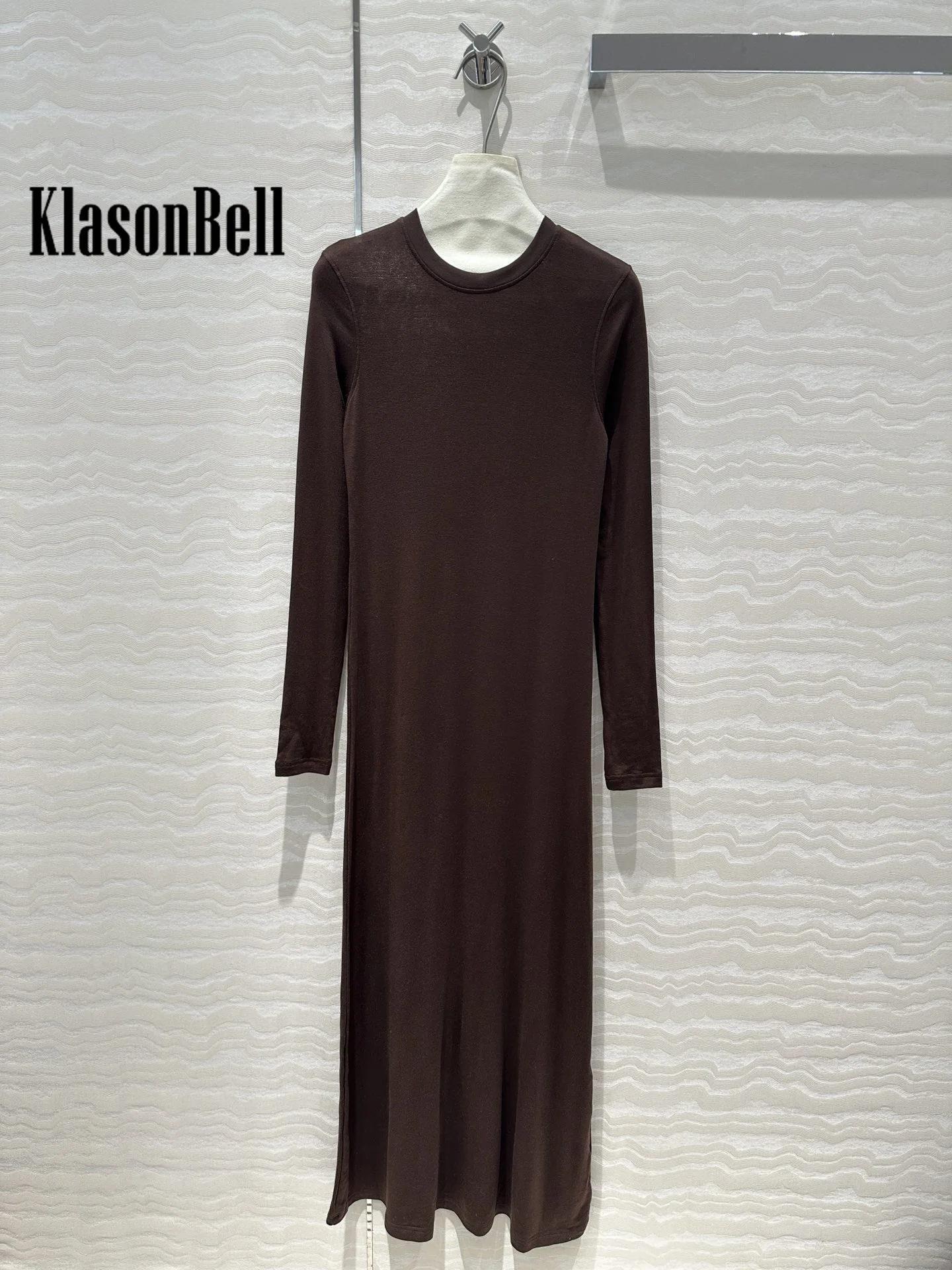 9.22 KlasonBell Women\'s Simple Temperament Wool Blend Knitted Long Dress O-Neck Long Sleeve Soft Comfortable Dress