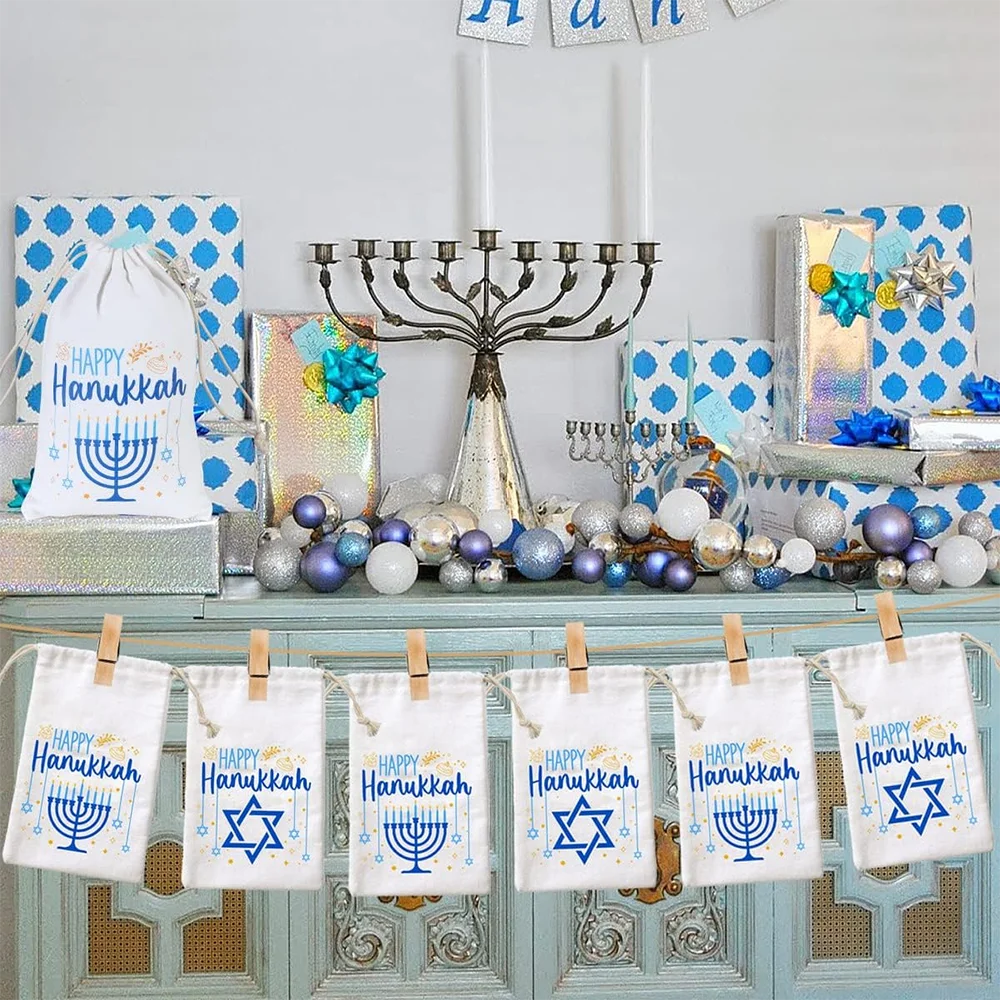 5pcs 5x7in Hanukkah Gift Bag Happy Hanukkah Cotton Bag Chanukah Holiday Decors for Hanukkah Party Wedding Birthday Decorations