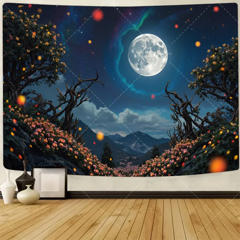 

1шт настенный гобелен "Мистический ночной гобелен Moonlit с цветочными холмами и космическим небом"