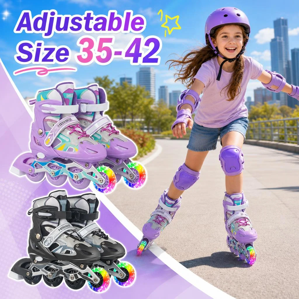 Image of Verstellbare Größe 35-42 Kinder Inline-Skates für Anfänger Jungen Mädchen Erwachsene Männer Frauen Outdoor-Skate-Sneaker 4-Rad-Rollschuhe mit Einzel-Blitzrädern