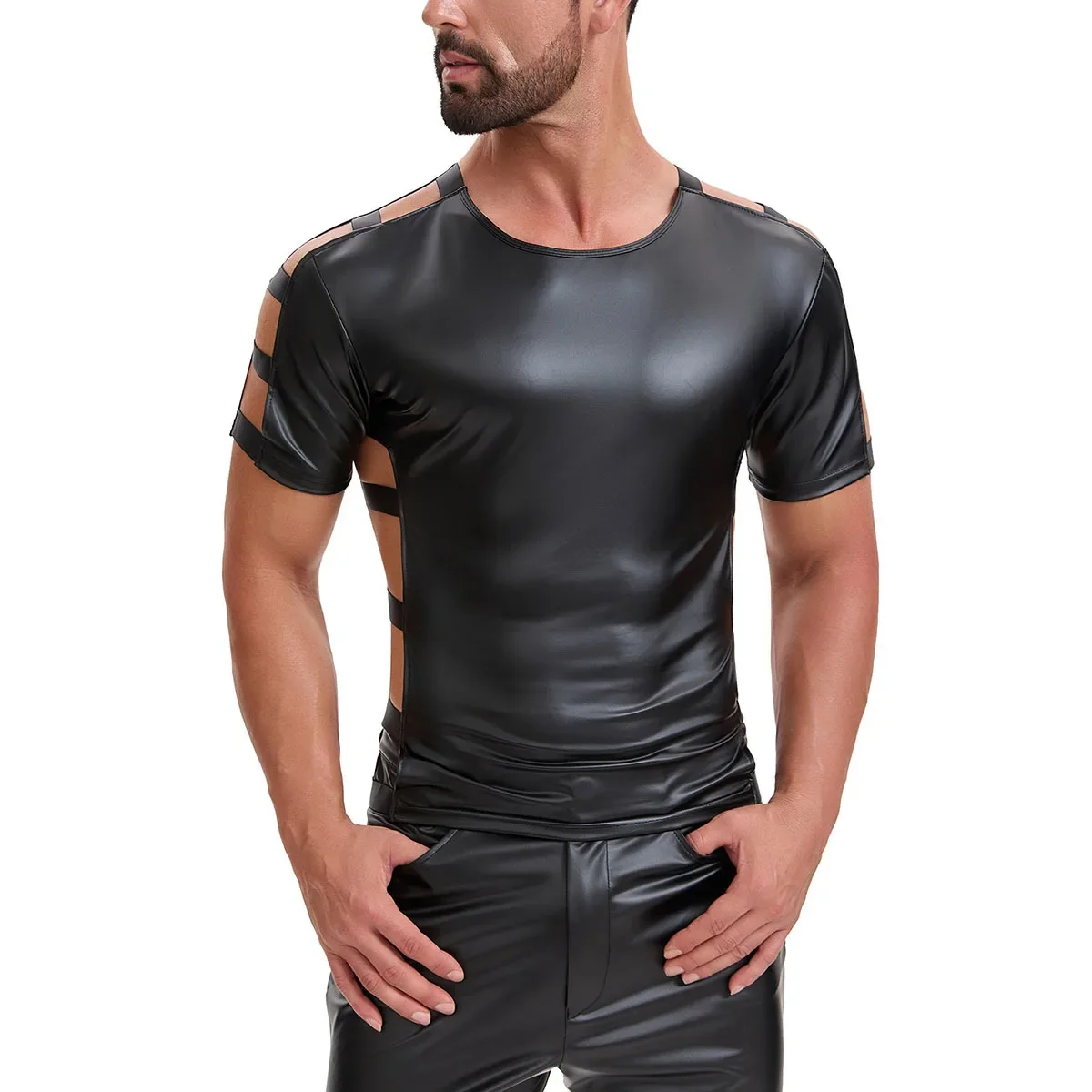 Neues, ausgehöhltes Bandage-PU-Leder-Kurzarm-T-Shirt, Fitness-Top, elastisches Muskelshirt, Gym-T-Shirts, Hot Shapers Shapewear – Detail 2