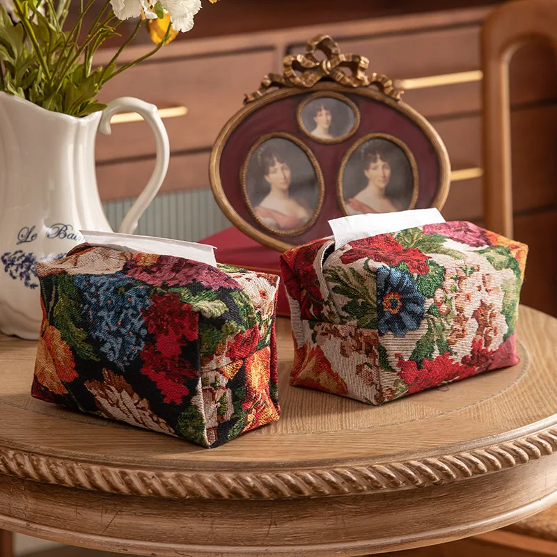 Vintage Floral Cotton Linen Cloth Art Tissue Box Outdoor Tissue Case Portable Storage Car Tissue Holder Desk Table Napkin Holder