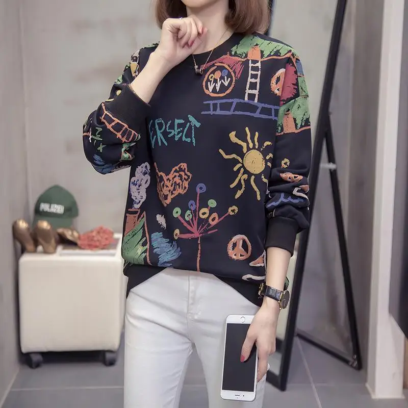 Fashion O-Neck Printed Loose Casual T-Shirt Female Clothing 2023 Autumn Winter New Oversized All-match Tops Commute Tee Shirt