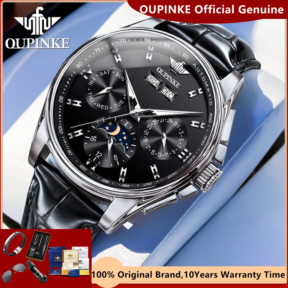 OUPINKE Luxury Men\'s Watches Genuine Leather Strap Moon Phase Waterproof Sapphire Mirror Luminous Automatic Mechanical Man Watch