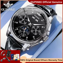 OUPINKE Luxury Men's Watches Genuine Leather Strap Moon Phase Waterproof Sapphire Mirror Luminous Automatic Mechanical Man Watch