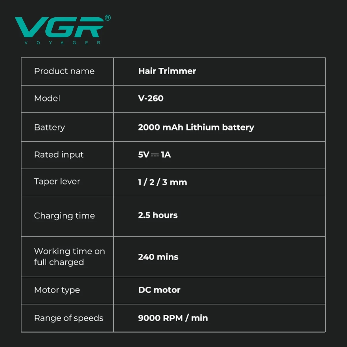 VGR V-260 professionnel hommes électrique Push tondeuse 9000 tr/min corps en métal alliage lame tondeuse à cheveux LED numérique Salon de coiffure ménage