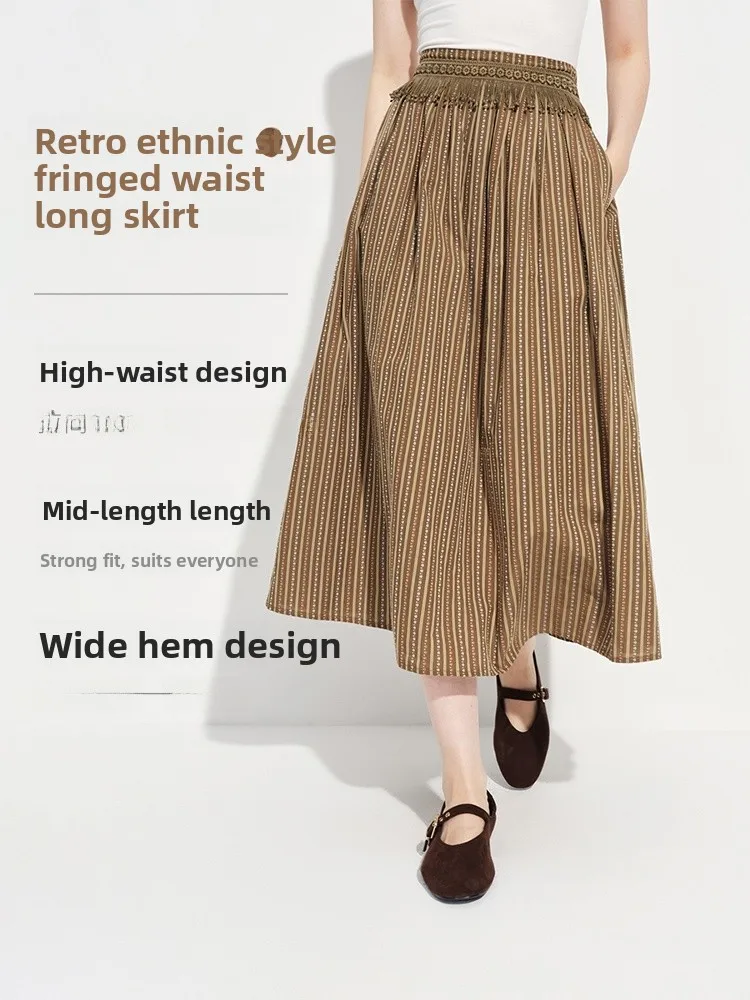 

Этническая ретро-юбка А-силуэта с вышивкой и бахромой, весна 2026, новая универсальная модель из смесового хлопка