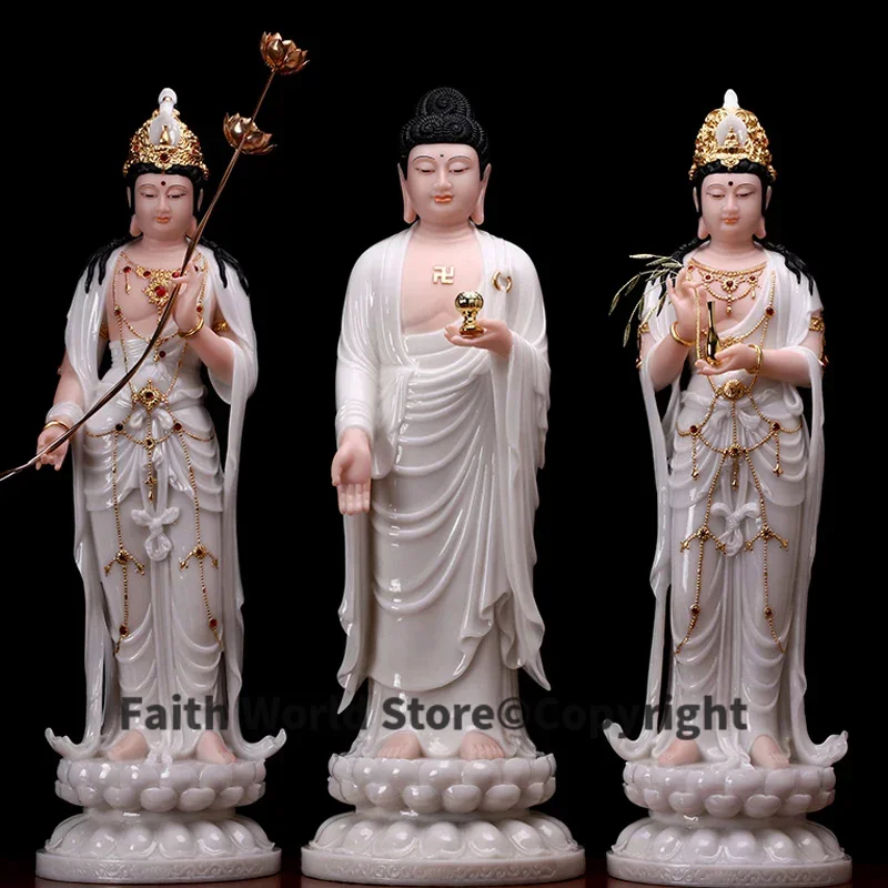 A set XI FANG SAN SHENG # Buddhist altar Worship white jade High grade Sakyamuni pusa buddha statue Safety Healthy luck bless