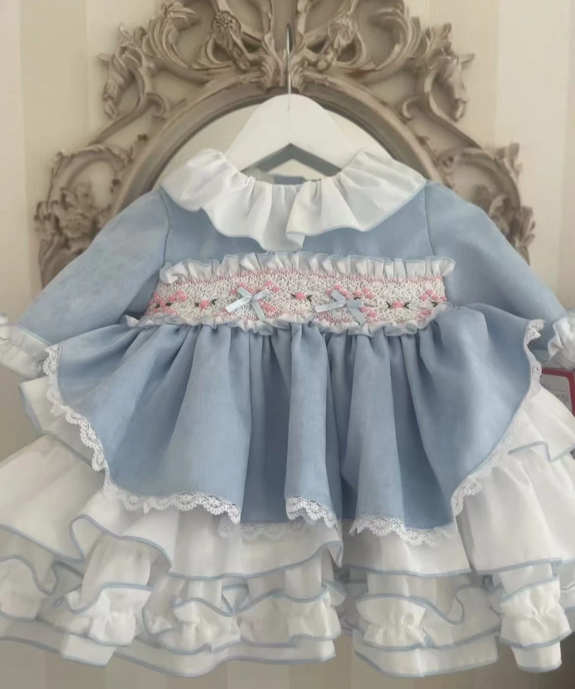 0-12Y Baby Girl Autumn Handmade Smocking Blue Velvet Vintage Princess Dress for Birthday Photography Holiday Eid A312