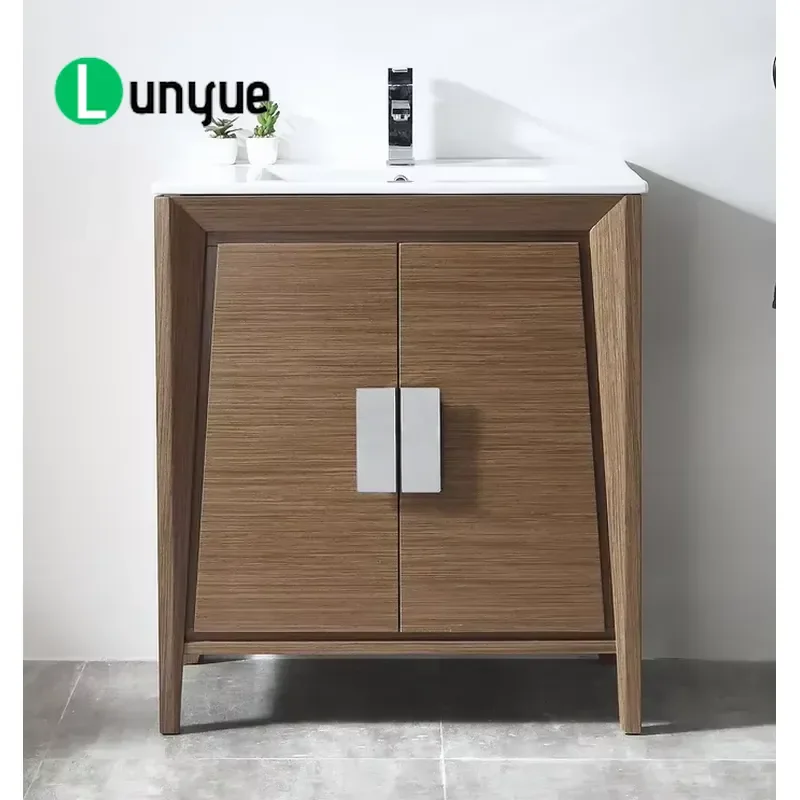 Modern Light Wheat Wood Floor to Ceiling Bathroom Vanity Cabinet with Sink and Storage High End Design for Home Bathroom