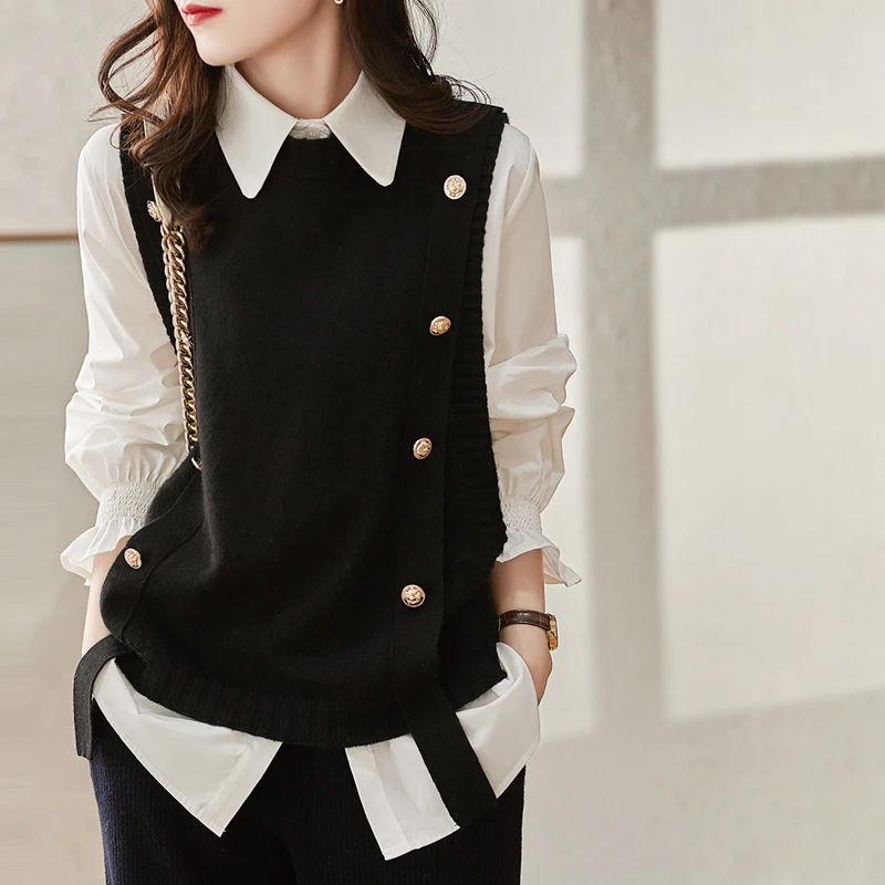 Shirt vest two-piece women's autumn outfit 2023 new black and white with westernized age reducing top fashion shirt set