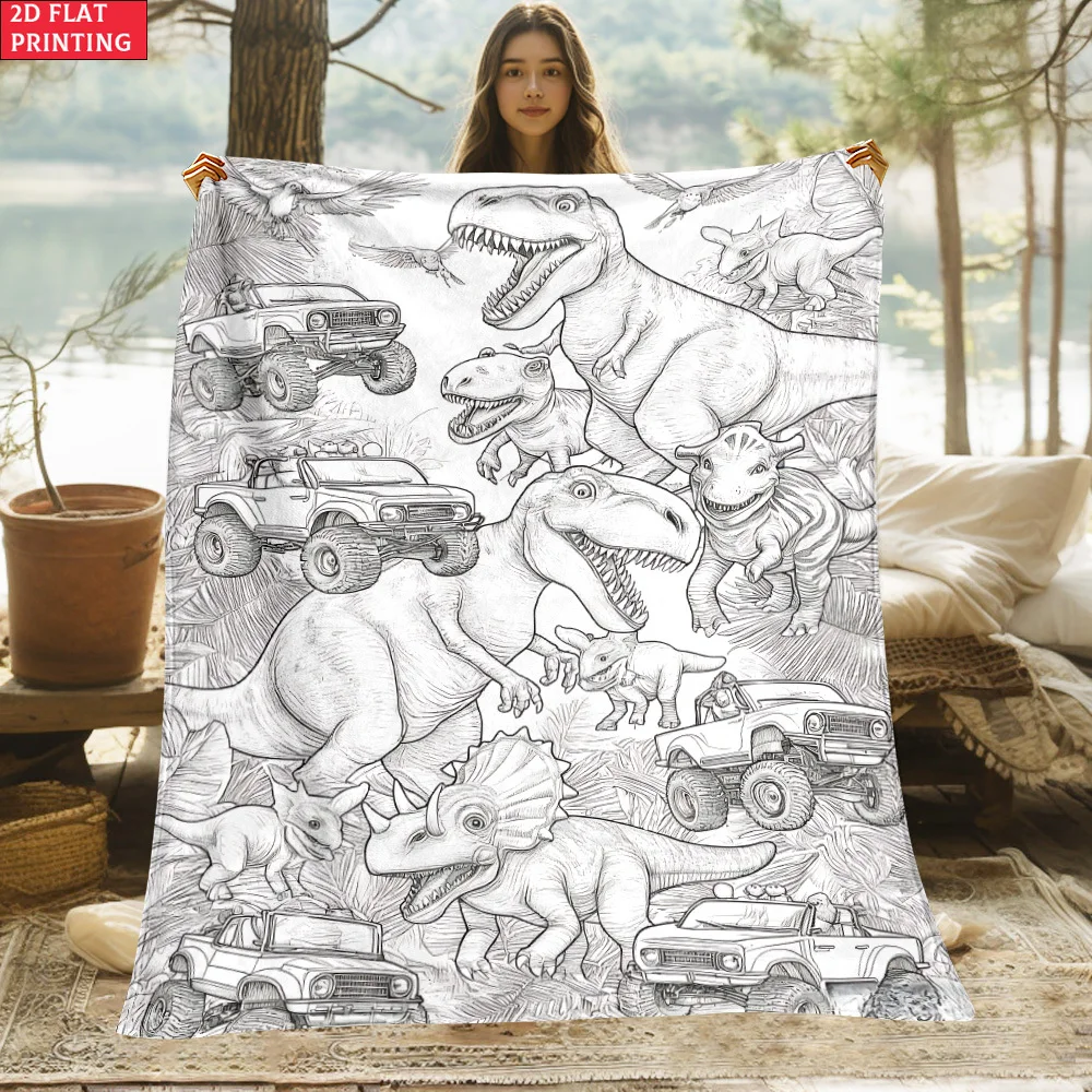 Unique Dinosaur Jeep Print Throw Blanket Polyester Fleece Cozy Boho Jungle Safari Decor for Nursery Kids Room Gift