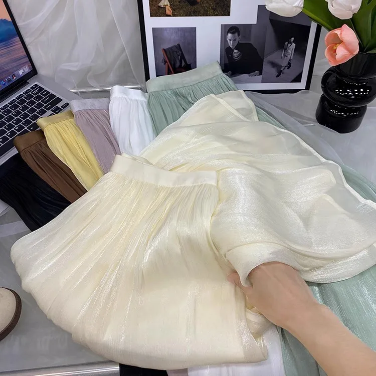 2026 Frühjahr/Sommer Neuer Glänzender A-Linien-Rock für Damen, Einfarbig, Hohe Taille, Französischer Pariser Stil, Eleganter Asymmetrischer Rock – Detail 33