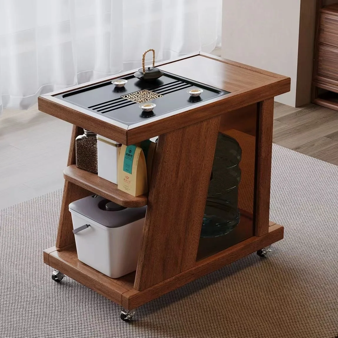 HYS walnut solid wood small tea table living room movable coffee table balcony automatic water supply household tea table kettle