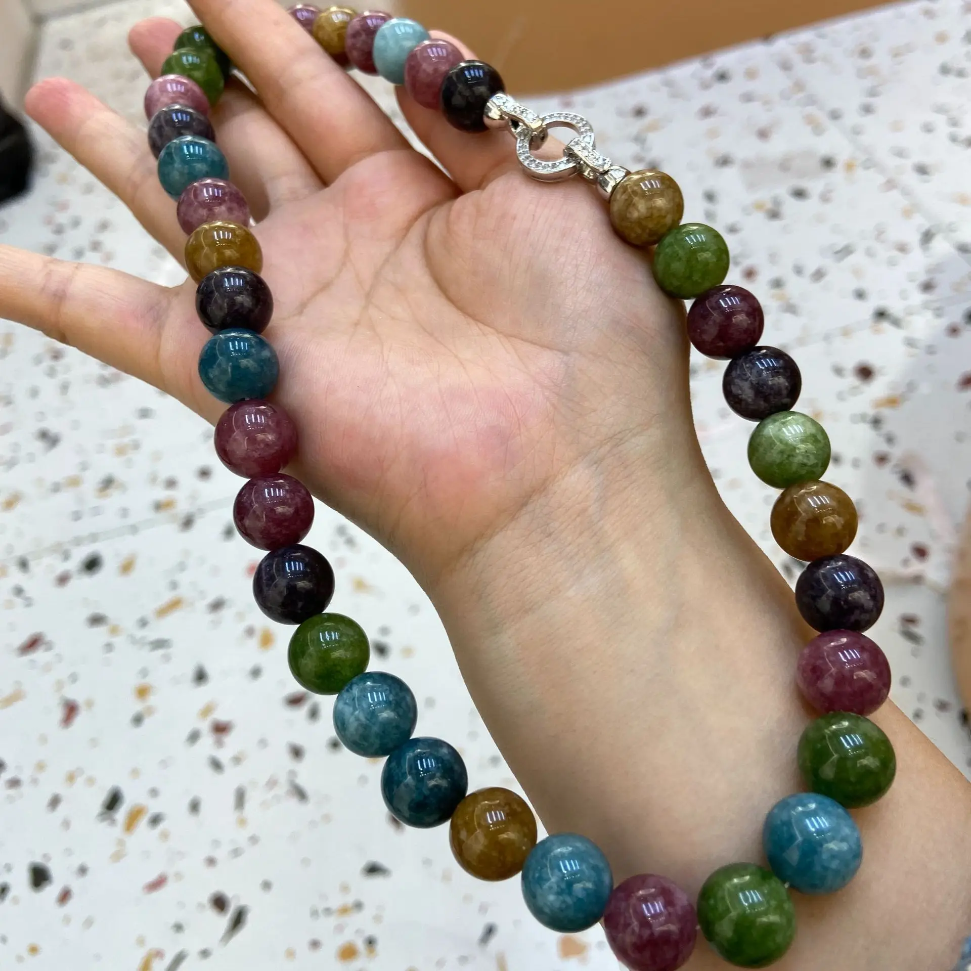

12mm Colored Tourmaline Beaded Necklace Natural Stone Necklace Bead Clavicle Chain Vintage Charm Beaded Elegant Jewelry Gifts