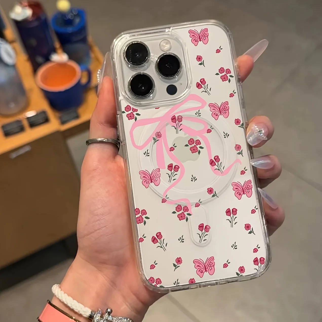 

New Pink Flowers Butterfly Pattern Gift Magnetic Magsafe Transparent Phone Case For iPhone 16 15 14 13 12 11Pro Max Cover Fundas