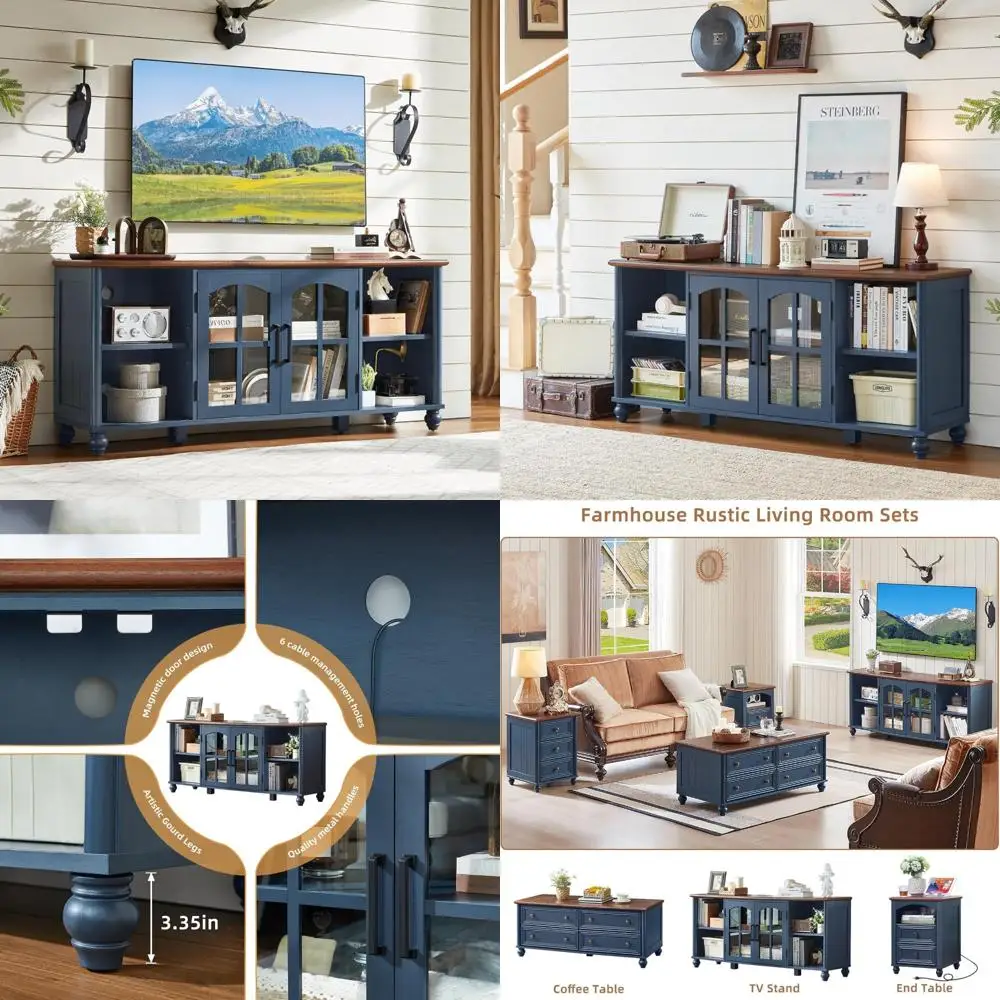 60 Inch TV Farmhouse Style Entertainment Center with Glass Door Cabinet and Adjustable Shelves