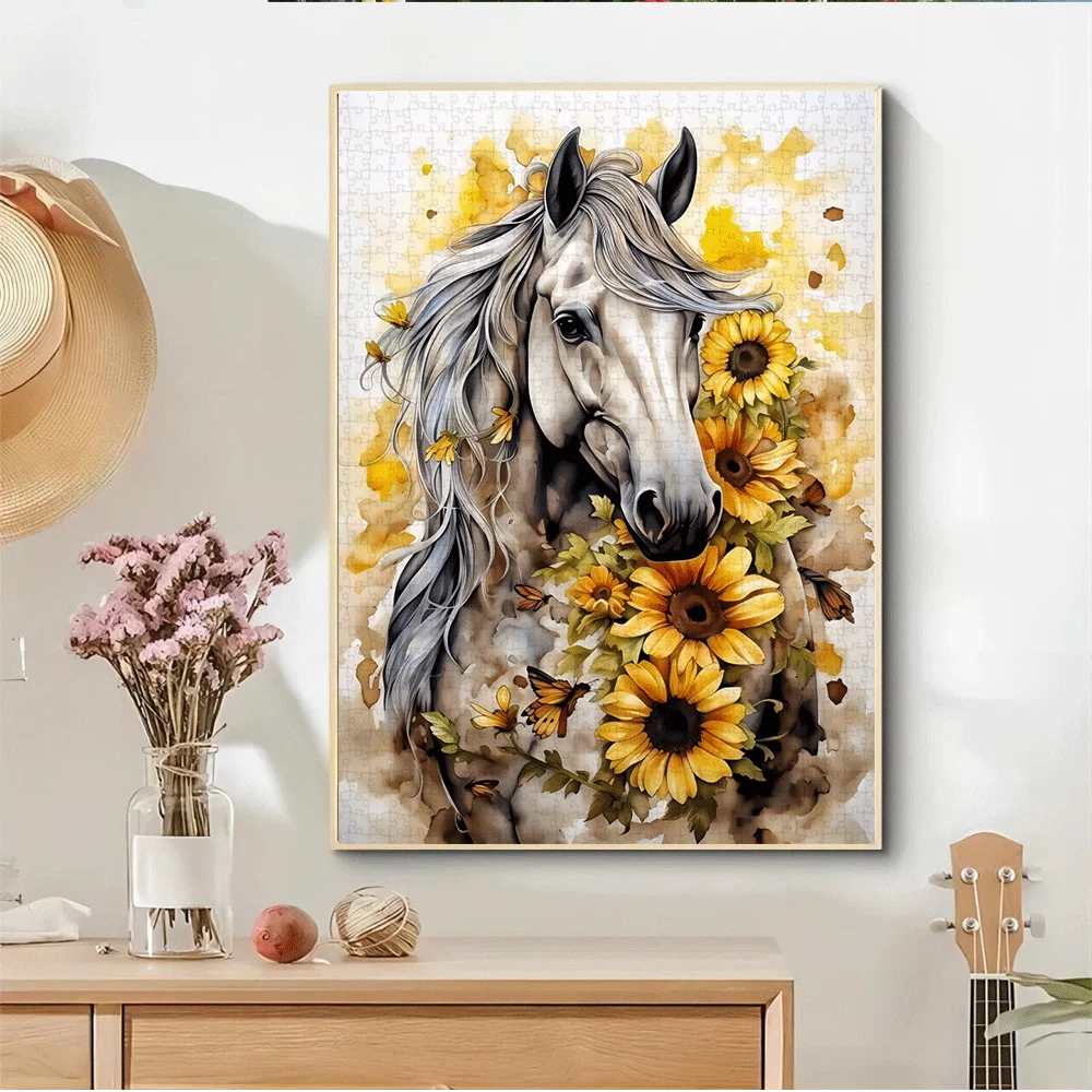 Aquarel wit paard en zonnebloem puzzel volwassen kinderen intellectueel spel thuis vrije tijd decompressie artistiek puzzel speelgoed