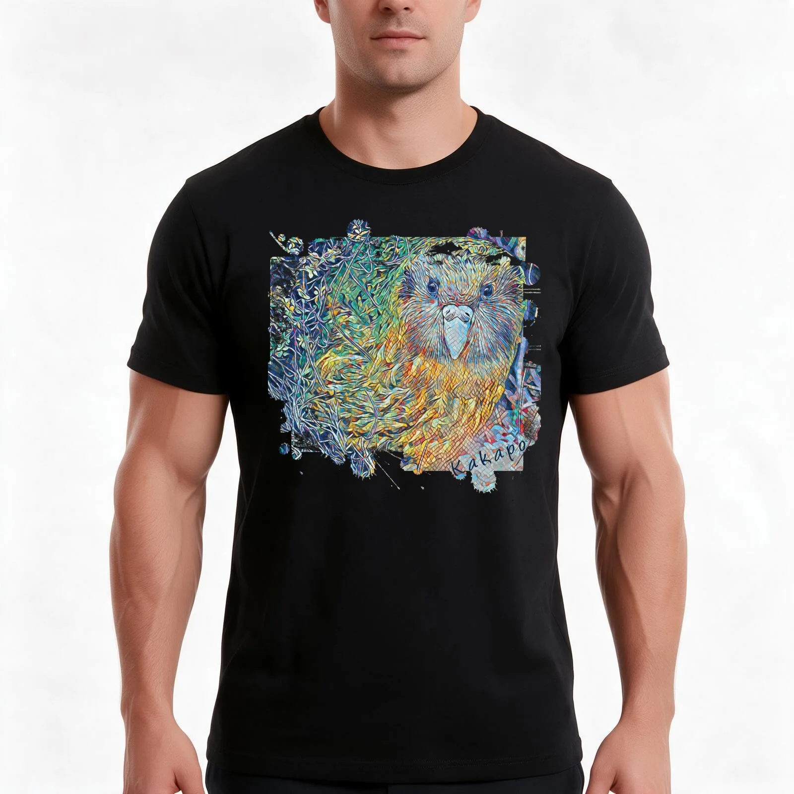 New Zealand Kakapo Mosaic Style T-Shirt, Summer Casual Cotton Tee, Oversized Streetwear Tops, Vintage Graphic Print, 100% Cotton