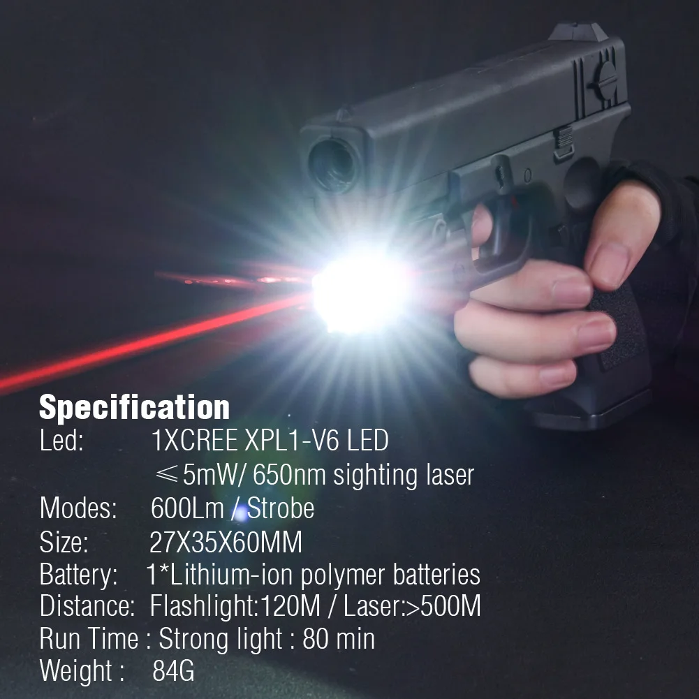 Перезаряжаемый металлический пистолет, лазерный фонарик, 600 люмен, тактический лазерный свет, комбинированный для охоты, зеленый/красный луч Laesr