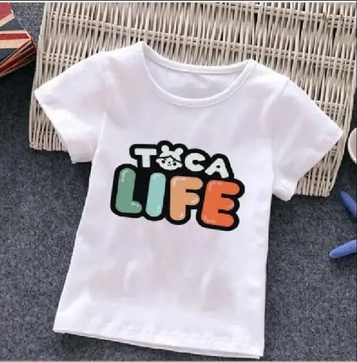 T-shirt de manga curta infantil, roupa fofa, jogo de animação dos desenhos animados, estampa do mundo Life, Toca Boca, verão