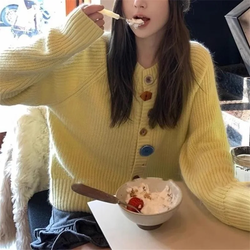 

Vintage Coat 2025 Korean Casual Sweater Women O Neck Solid Long Sleeves Knitted Cardigan